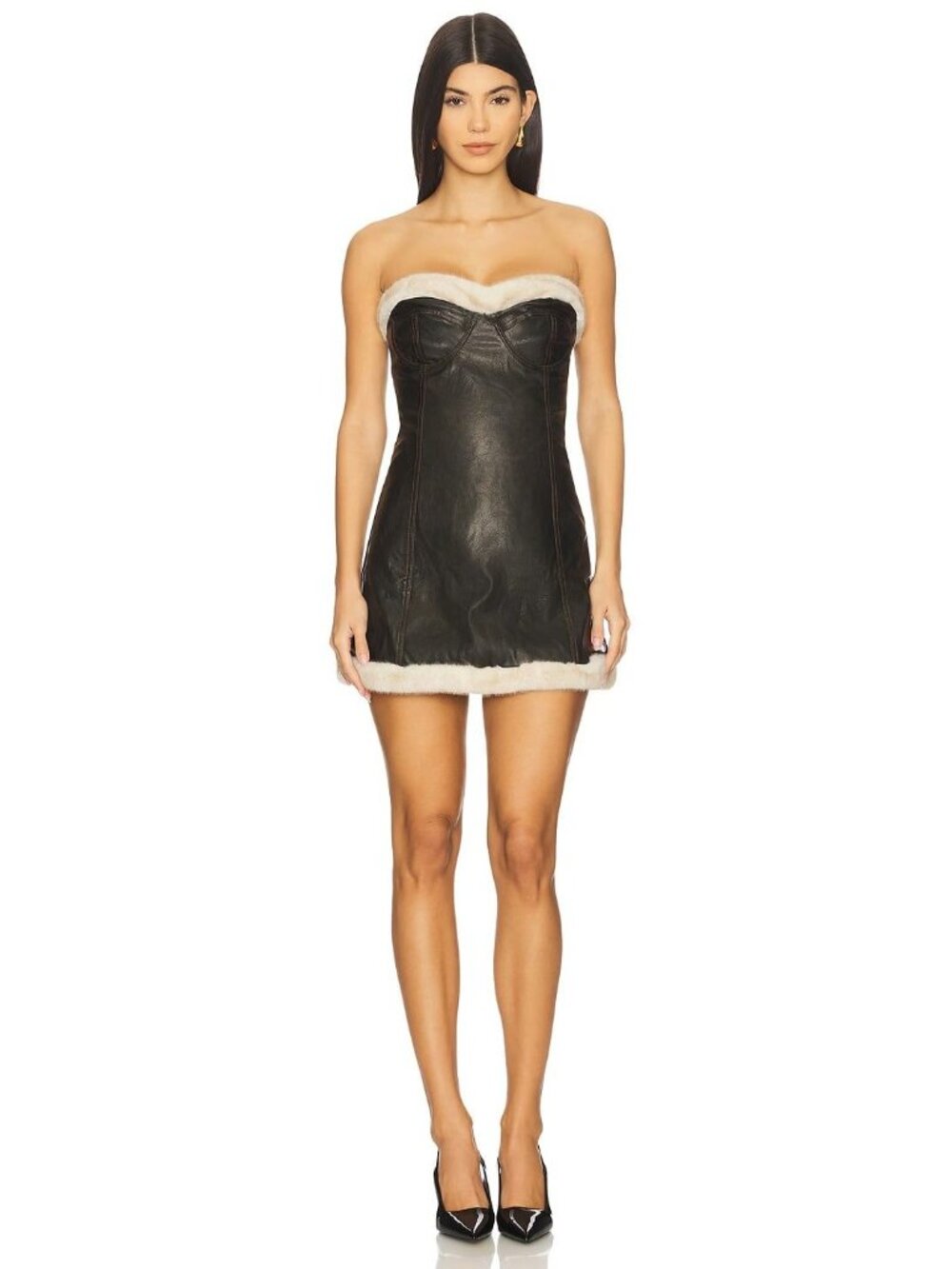 OW Collection Kendra Mini Dress With Faux Fur Trim Distressed Black Womens Size